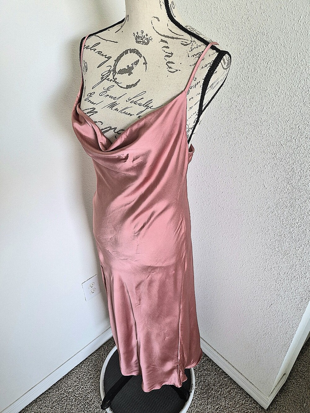 Zara Pink Satin Slip Midi Dress L Cowl Neck Button Slit Cocktail Wedding Guest - Picture 10 of 15